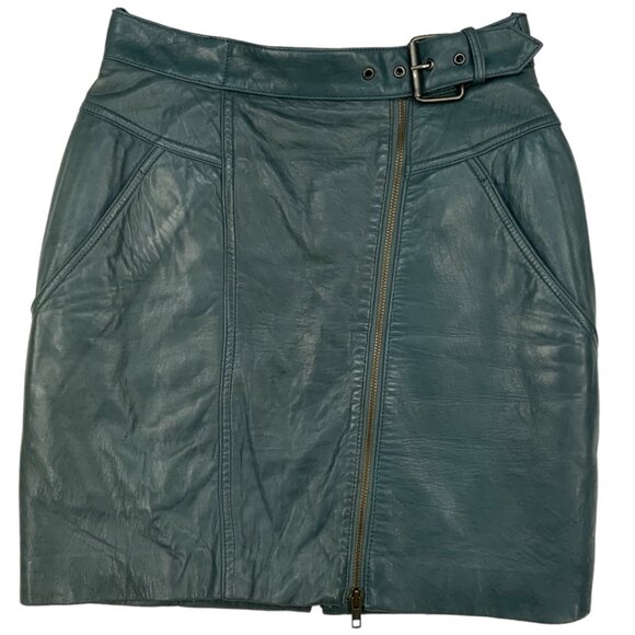 Glen Wood Vintage Soft Leather Skirt 8 Green Mini Angled Front Zip Pocket Retro - Picture 12 of 12